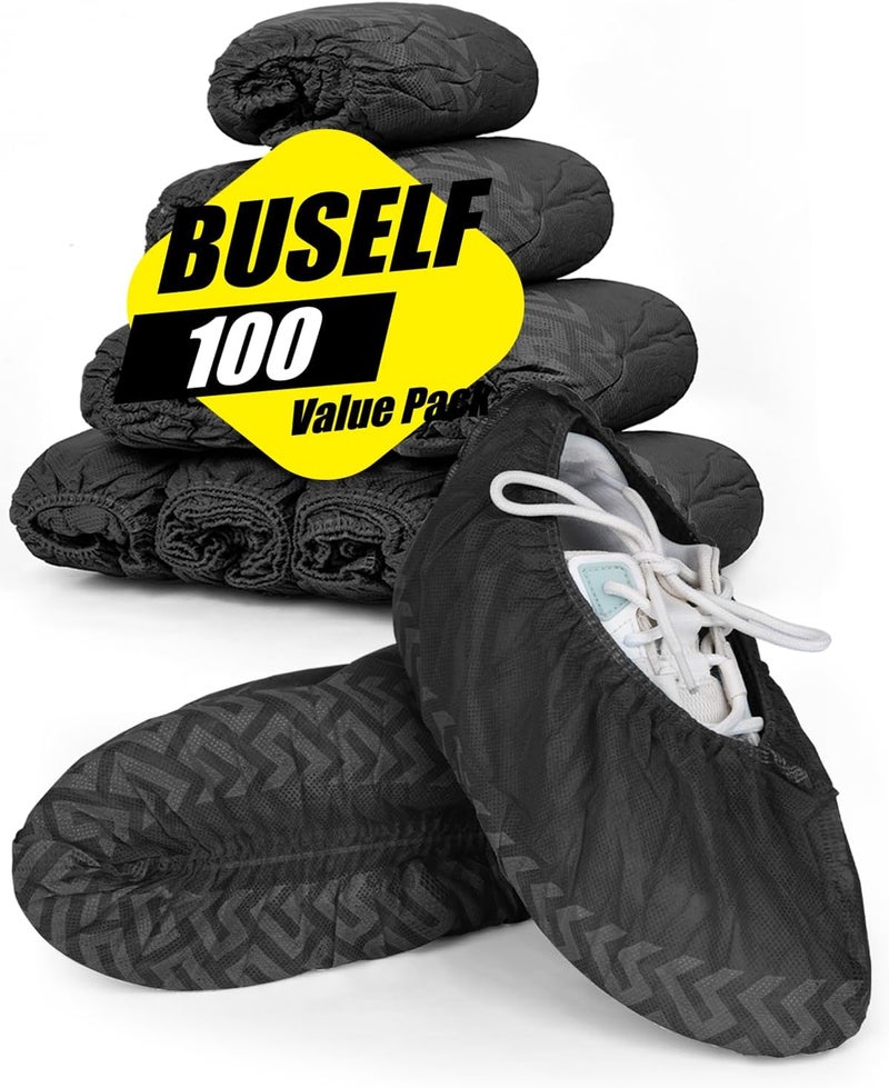Buself X-Large 200 Count Shoe Covers Disposable Non-Slip, Premium Cloth Boot Covers, Slip-resistant, Durable, Breathable, Non-toxic, Recyclable, Stretchable Fits Up to Size 13 US Men - Black - Image 1